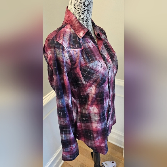 Affliction Button Down Shirt Womens Large  Red Wine Black Long Sleeves - Picture 6 of 13